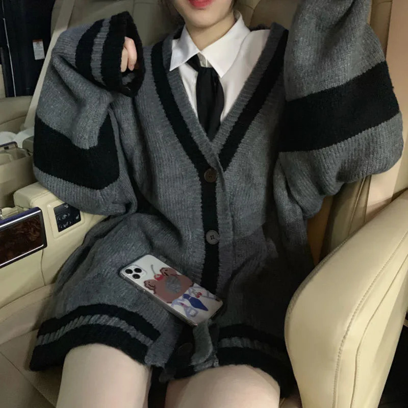 Lucyever Preppy Style Knit Sweater Women Single Breasted V-Neck Warm Cardigan Woman Patchwork Grey Long Sleeve Sweaters Coat 240812