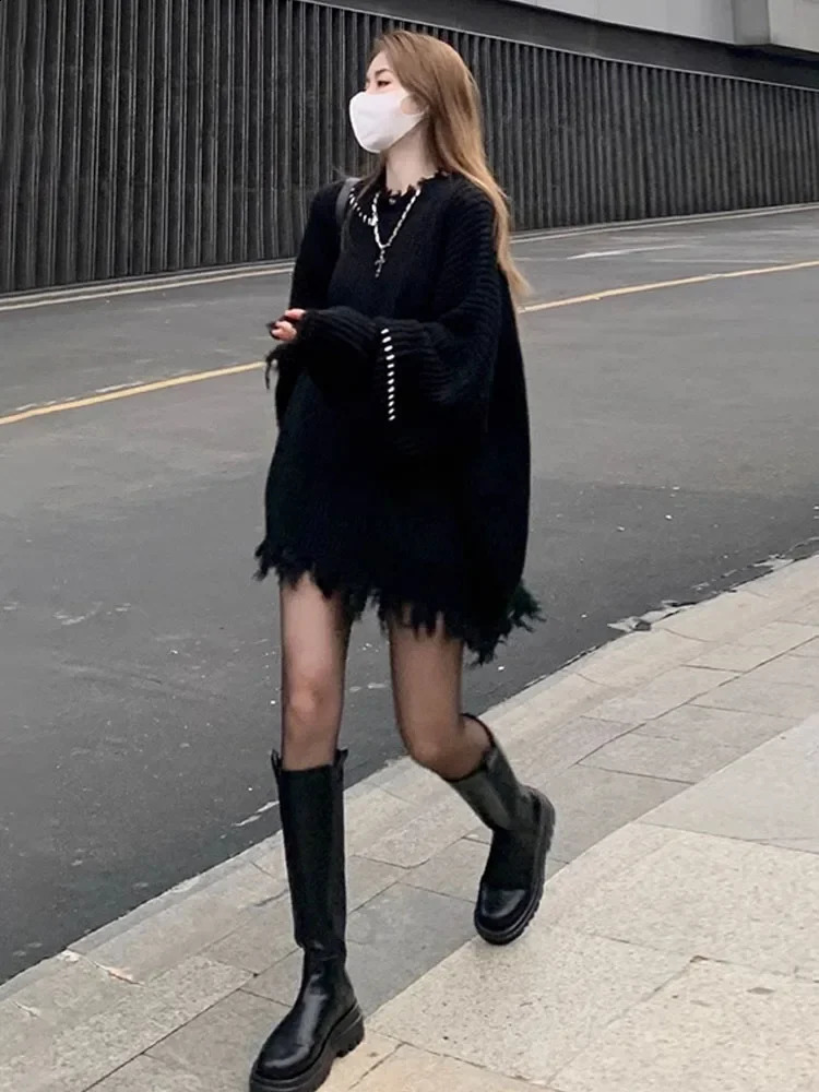 Womens Black Gothic Pullover Knitted Torn Sweater Harajuku 90s Aesthetic Y2k Long Sleeves Sweaters Jumper Vintage 2000s Clothes 240812