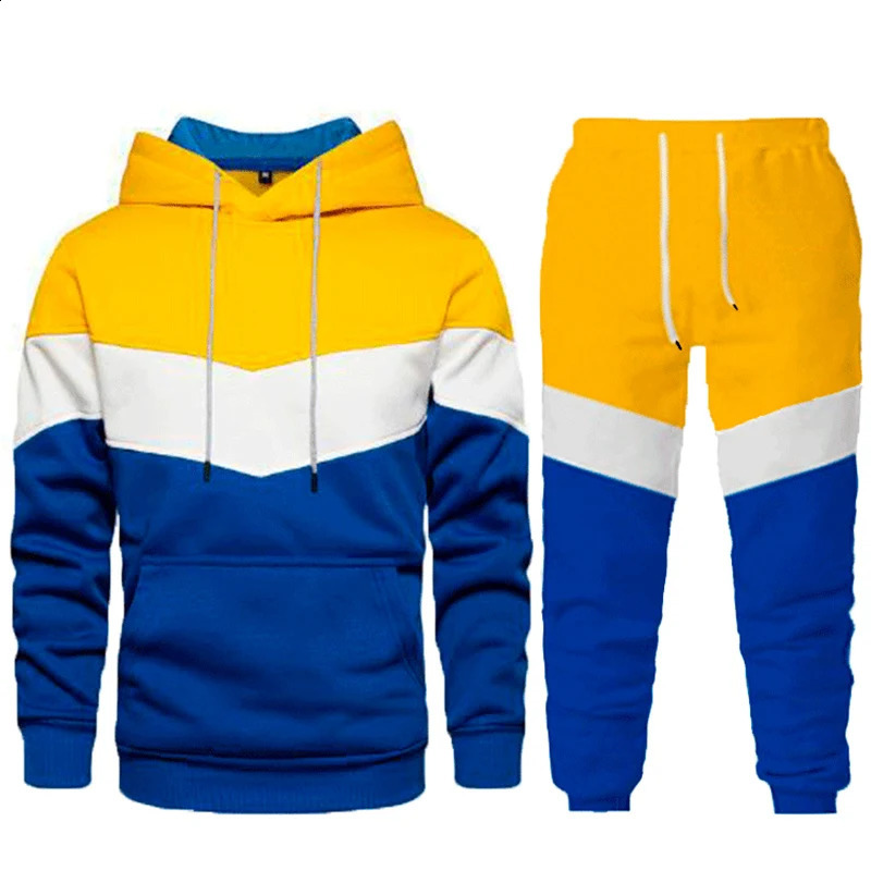 Autumn Winter Loose Casual Patchwork Hoodies Elastic Waist Sweatpants Set Male Fashion Pocket Pullover Hooded Top Pants Suit Men 240813