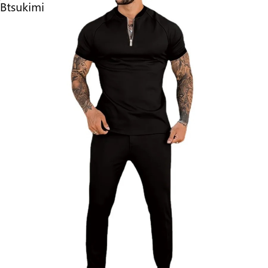 2024 Trend Mens Sport Suit Short Sleeve Half Zip Stand Collar PulloverPants Two Pieces Fashion Solid Casual Slim Male Sets 240813