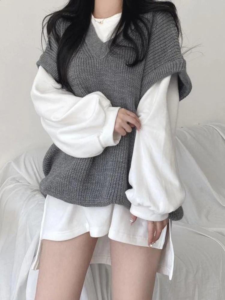 Autumn Winter Vest Women Korean Style Knitted Sweaters Female Oversized Preppy Jumper Ladies Casual Loose Long Sleeve Pullovers 240812
