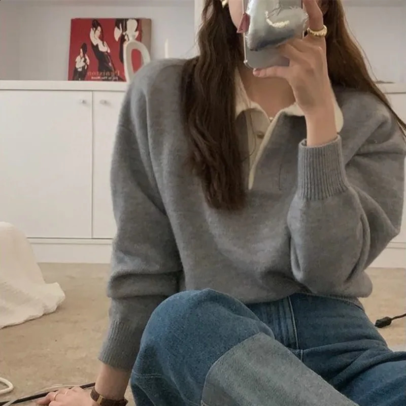 Deeptown Vintage Long Sleeve Female Sweater Korean Style Youthful Woman Gray Jerseys Office Wear Elegant Ladies Knit Pullovers 240813