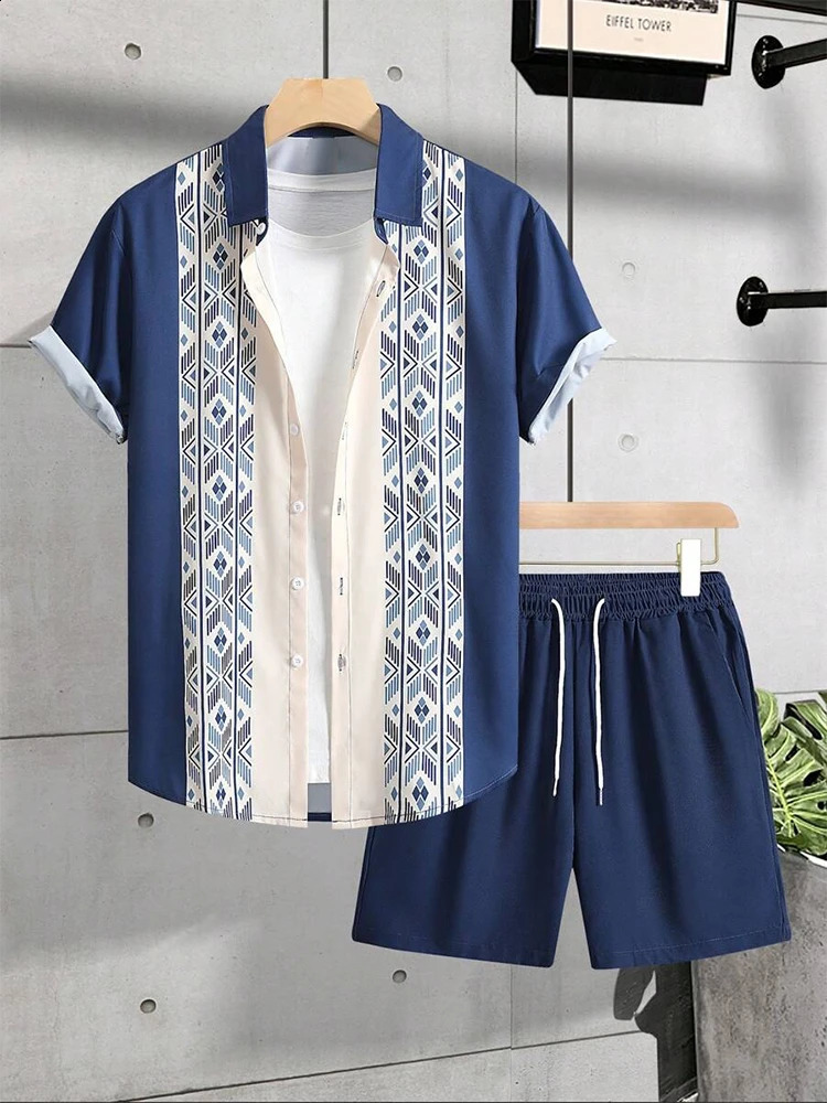 Retro ethnic striped printed mens short sleeved street fashion summer casual shirt and beach shorts set 240812