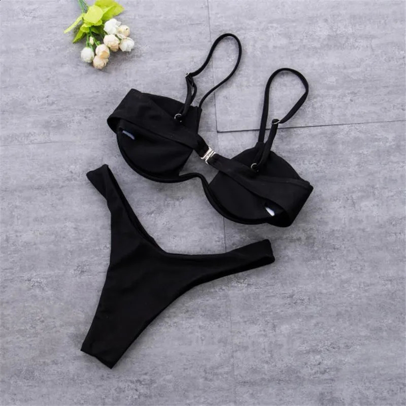 Women 2PCS Bikini Set Solid Color Wire Padded V-Shaped Back Buckle Bra Triangle High Waist Panty Summer Swimming Set Underwear 240812