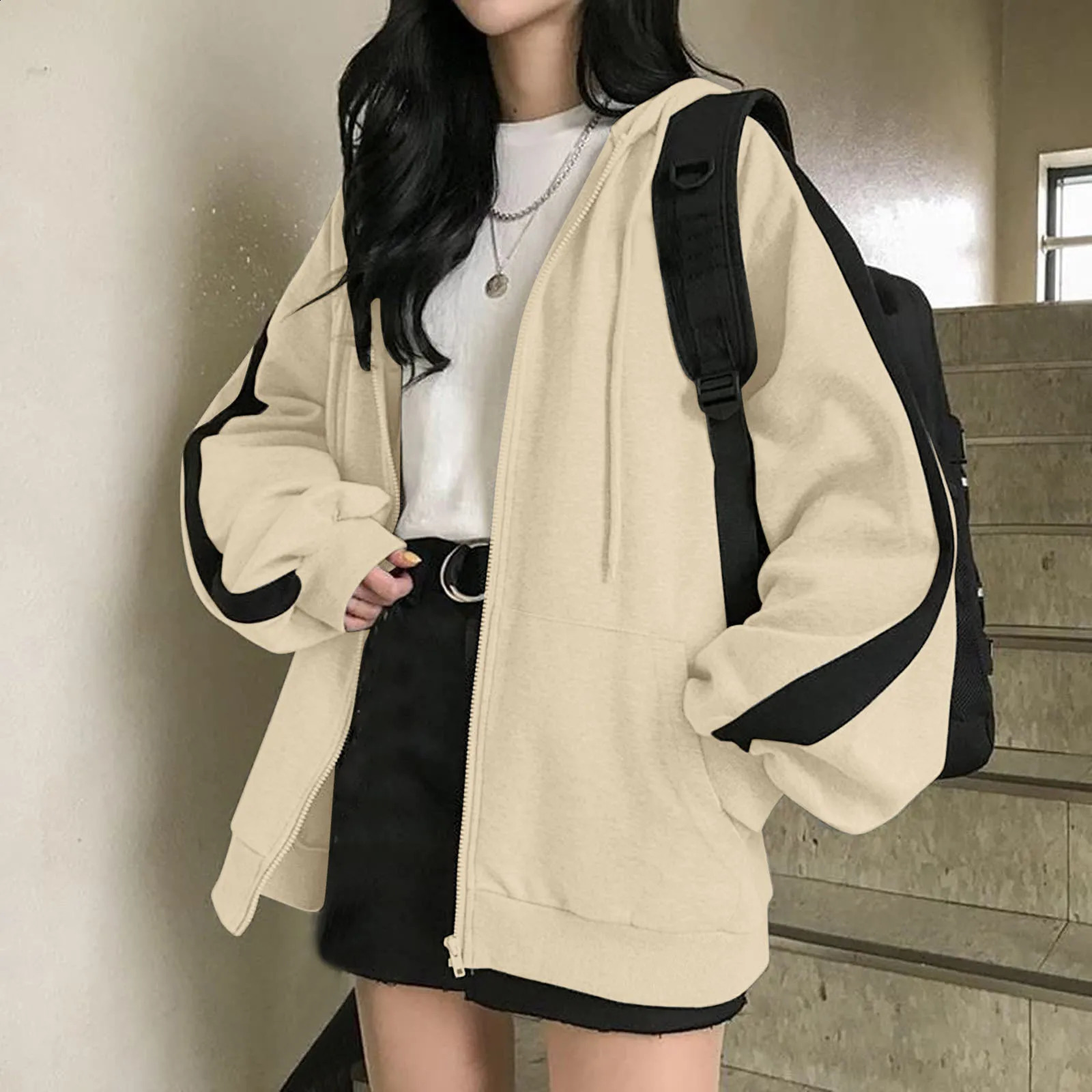Harajuku Korean Version Zip Up Hoodies For Women Fall Solid Loose Jacket Coats Vintage Long Sleeve Oversized Hooded Sweatshirts 240812