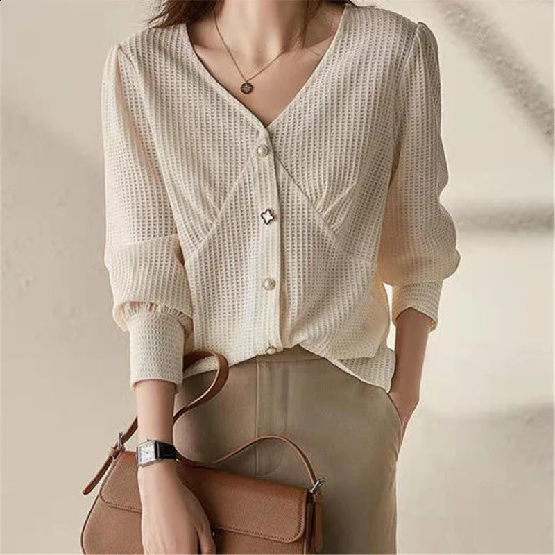 Womens Elegant Fashion V-neck Chic Sweet Buttons Cardigan Coat Spring Autumn Casual Street Solid Long Sleeve Slim Tops Clothing 240812