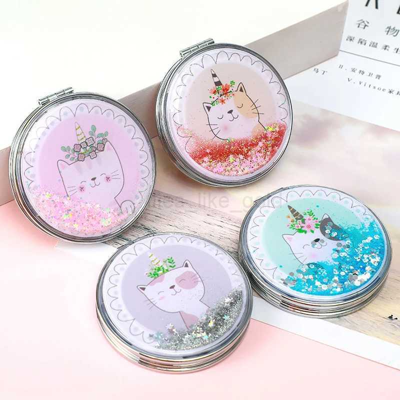 Portable small double-sided folding makeup mirror creative Quicksand makeup round mirror cartoon mirror compact pocket mirror W240813