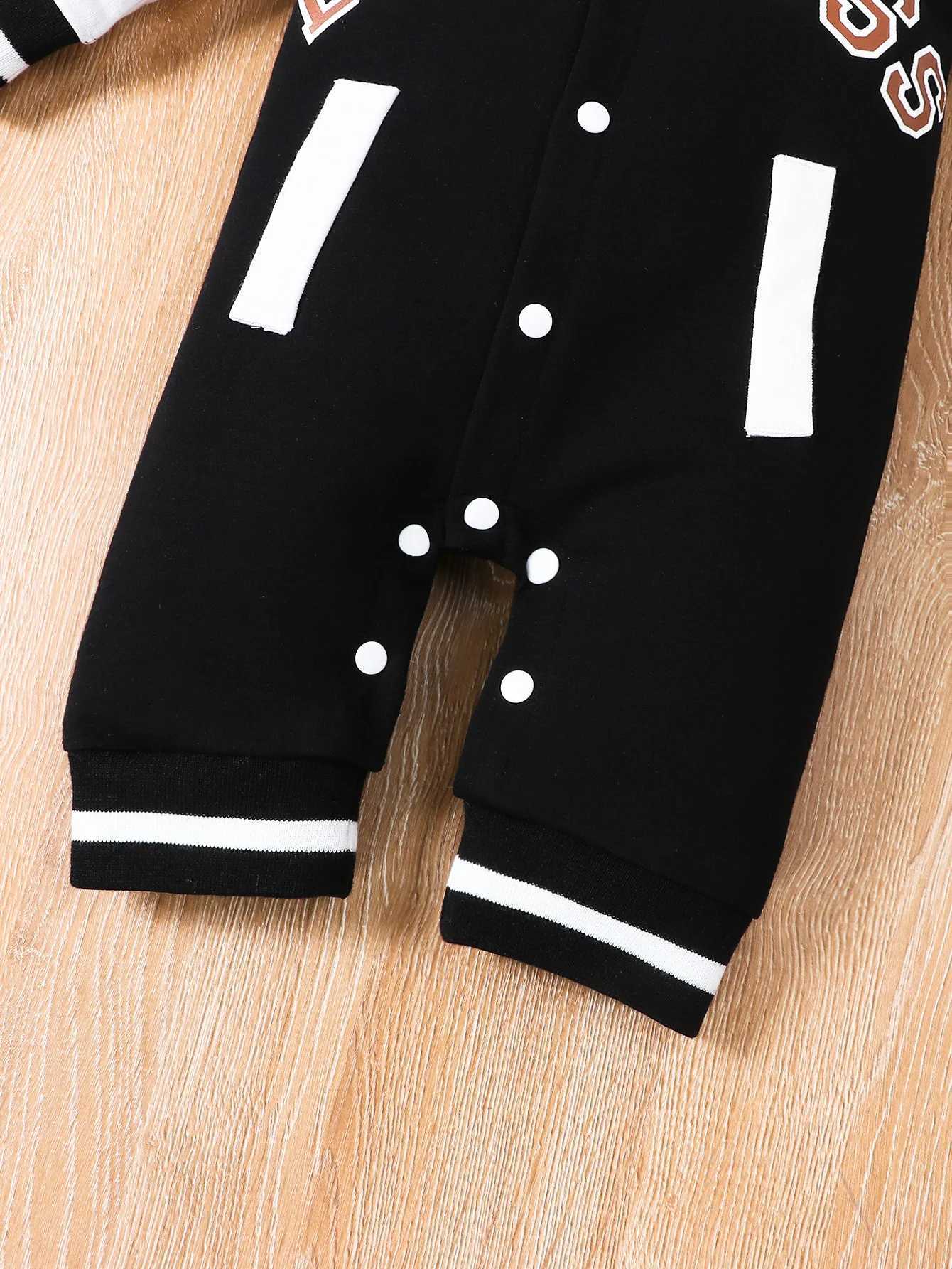 Fashionable letter printed black long sleeved round neck baby jumpsuit W240812