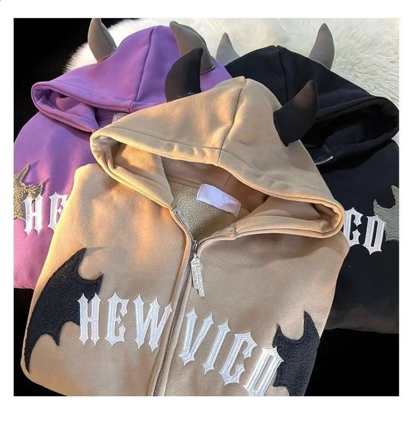Y2k American Retro Little Devil Horn Hoodies Women Letter Embroidery Zipper Hooded Sweatshirt Harajuku Casual Loose Jacket Coats 240812