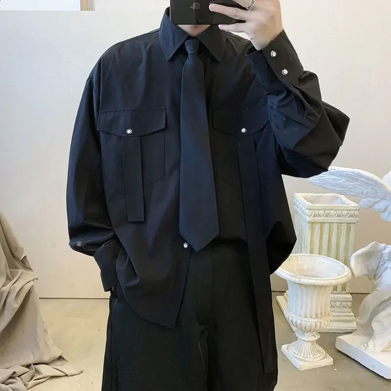 Gmiixder product long sleeved mens tie Kpop shirt Korean streetwear Versatile motorcycle pocket striped jacket 240812