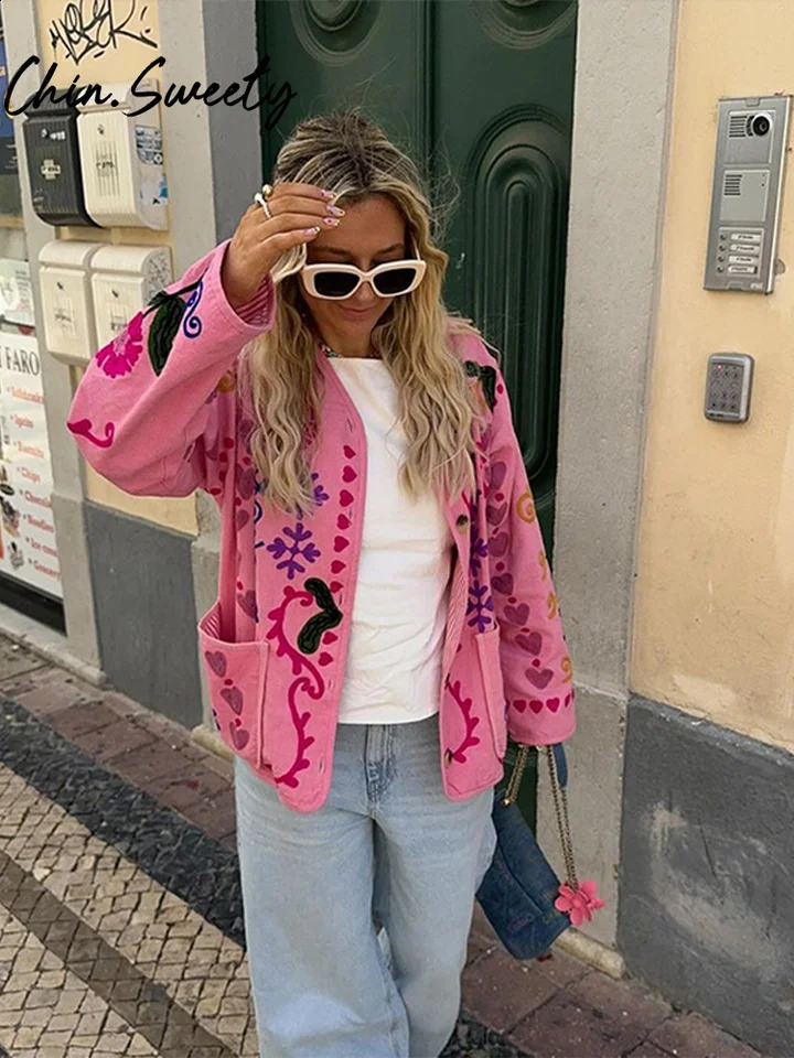 Fashion printed jacket womens casual single chest Vneck long sleeved pocket autumn elegant 240808