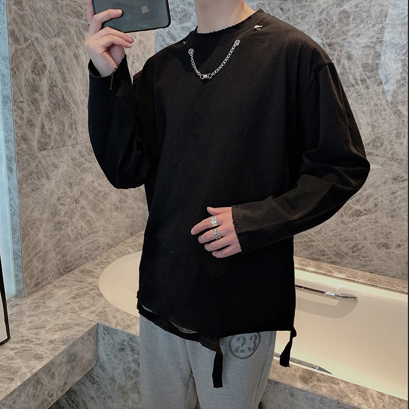 Mens Ripped T Shirt Top Tee Fashion Spring Hollow Holes Long Sleeve T-Shirt Personalized Chain Decoration Loose Shirts 240812