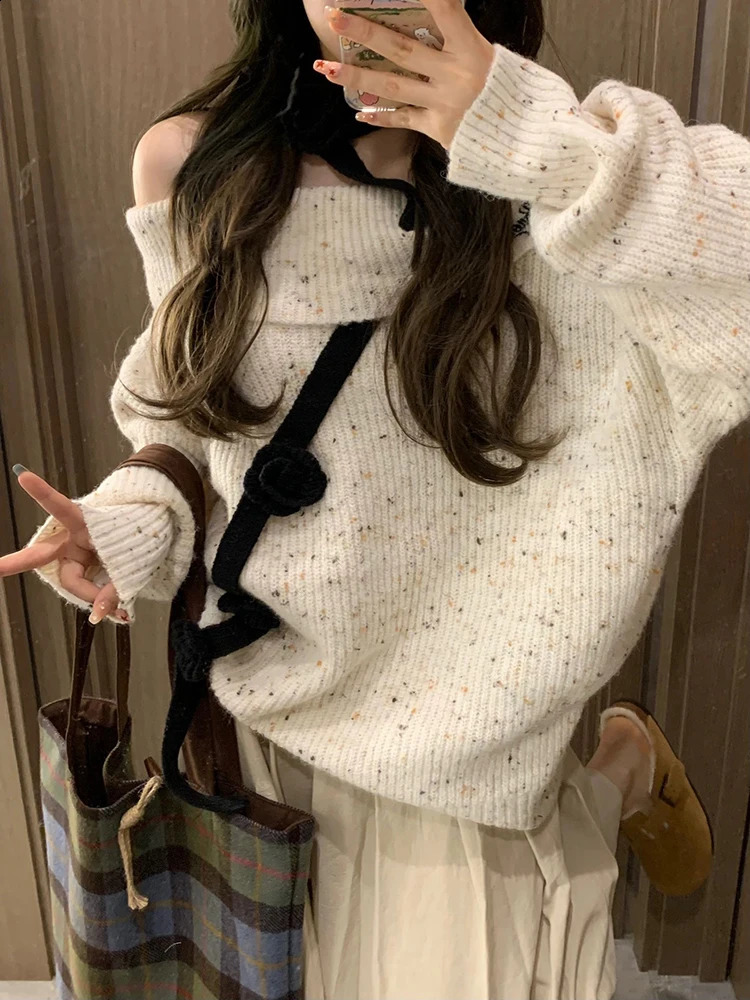 Women Apricot Pullover Knitted Sweater Harajuku 90s Aesthetic Long Sleeve Jumper Sweaters Korean Y2k 2000s Vintage Clothes 240812
