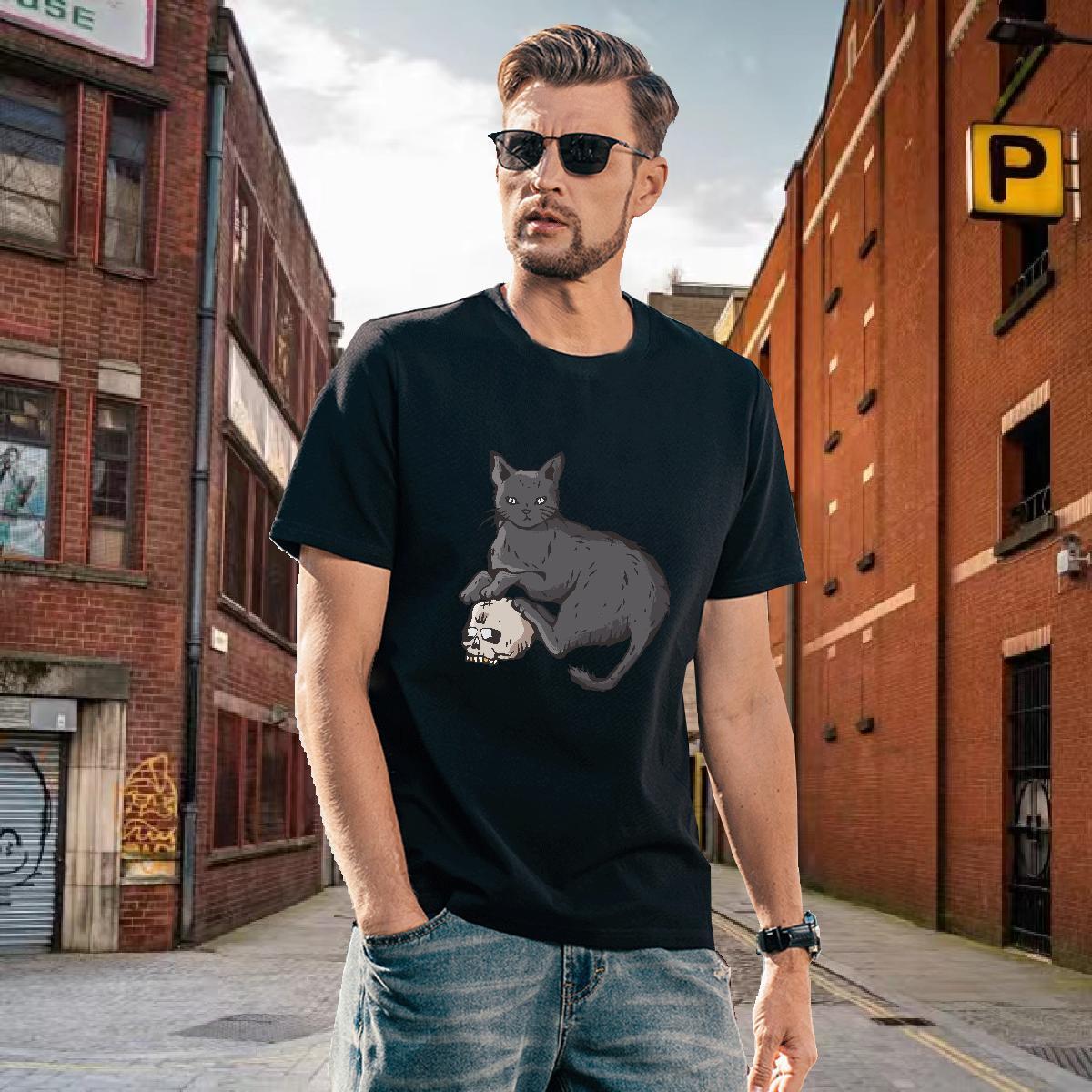 Soft T-Shirts for Men cat Breathable Crew Neck Home Outdoor Custom Print Plus Size 230g 100% Cotton Tshirts DIY Customized Top Tees