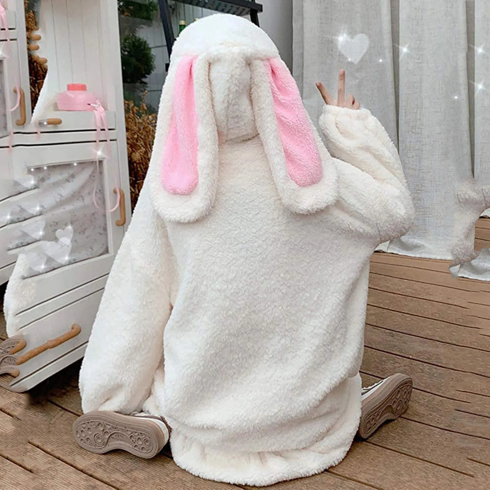 Kawaii Hoodies Women Lolita Winter Warm Lambswool Oversized Sweatshirt Cute Bunny Ears Long Sleeve Zip Up Hooded Fleece Jacket 240813