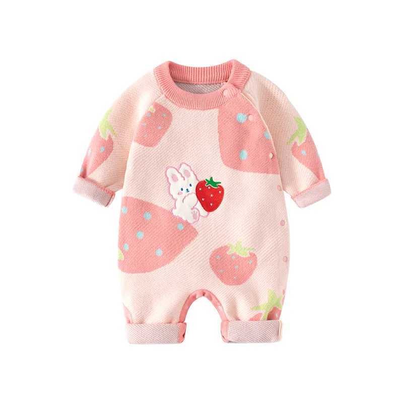 Newborn girls tight fitting clothes spring and autumn side button patches thick baby girls jumpsuit cartoon strawberry cute baby girls jumpsuit W24081