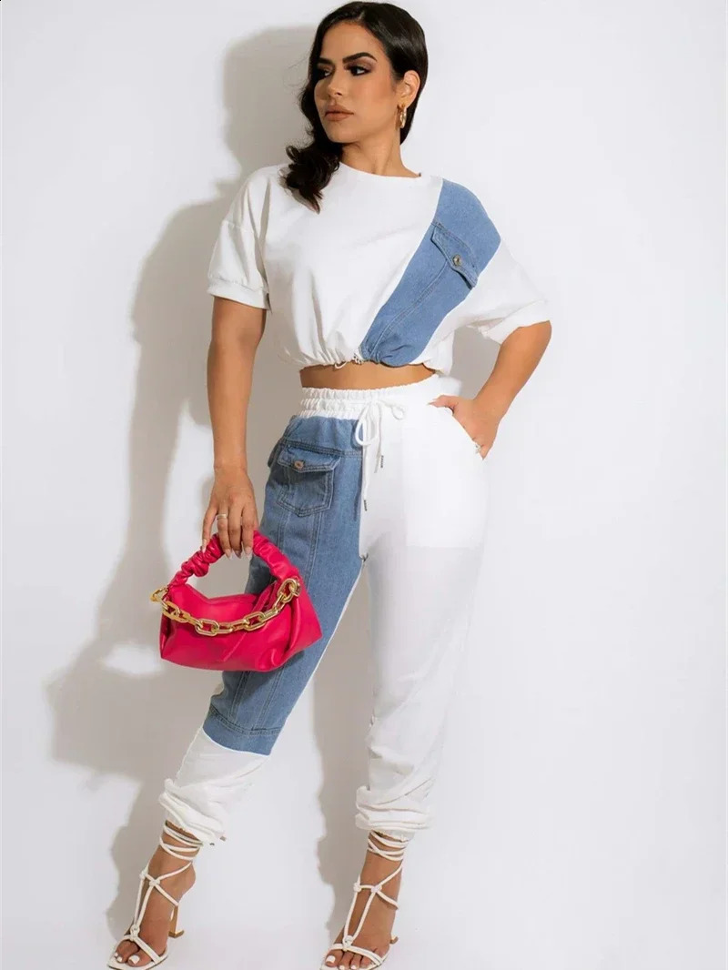 Denim Patchwork Tracksuit Women Two 2 Piece Set Oufits Sweatsuit Summer Clothes Fashion Tee Jogger Long Pants Suit Matching Set 240813