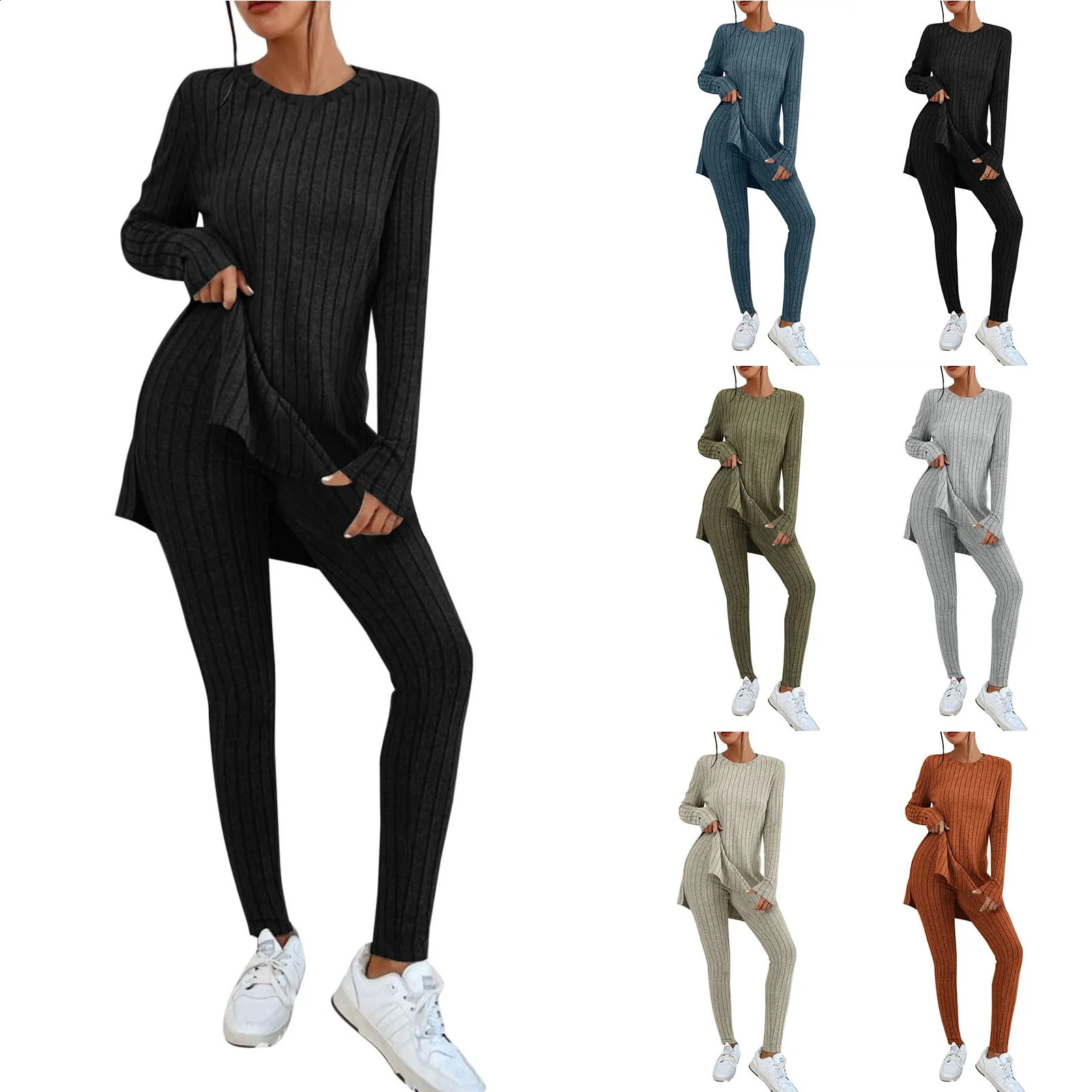 Casual Two Piece Set Women Outfits 2024 AutumnWinter Fashion Solid Knitted Long Sleeve Sweater Loose Pants Suit Elegant 240813