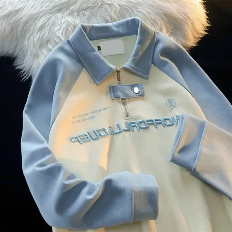 College Style Half Zip Up Hoodie POLO Collar Harajuku Sweatshirt Autumn Contrasting Raglan Sleeves Top Streetwear Women 240812