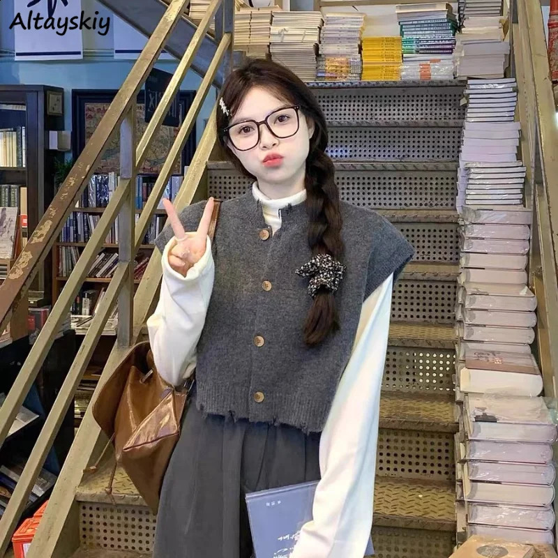 Irregular Vests Women Spring Cropped Knitted Sweaters Button-up Preppy Style All-match Temper Fashion Korean Loose Aesthetic 240812