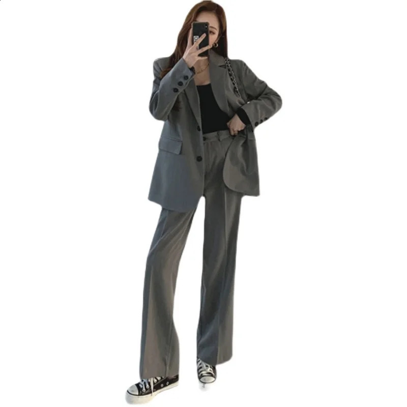 Autumn Office Womens Jacket Set Korean Loose Grey High Waist Wide Leg Pants 2piece 240812
