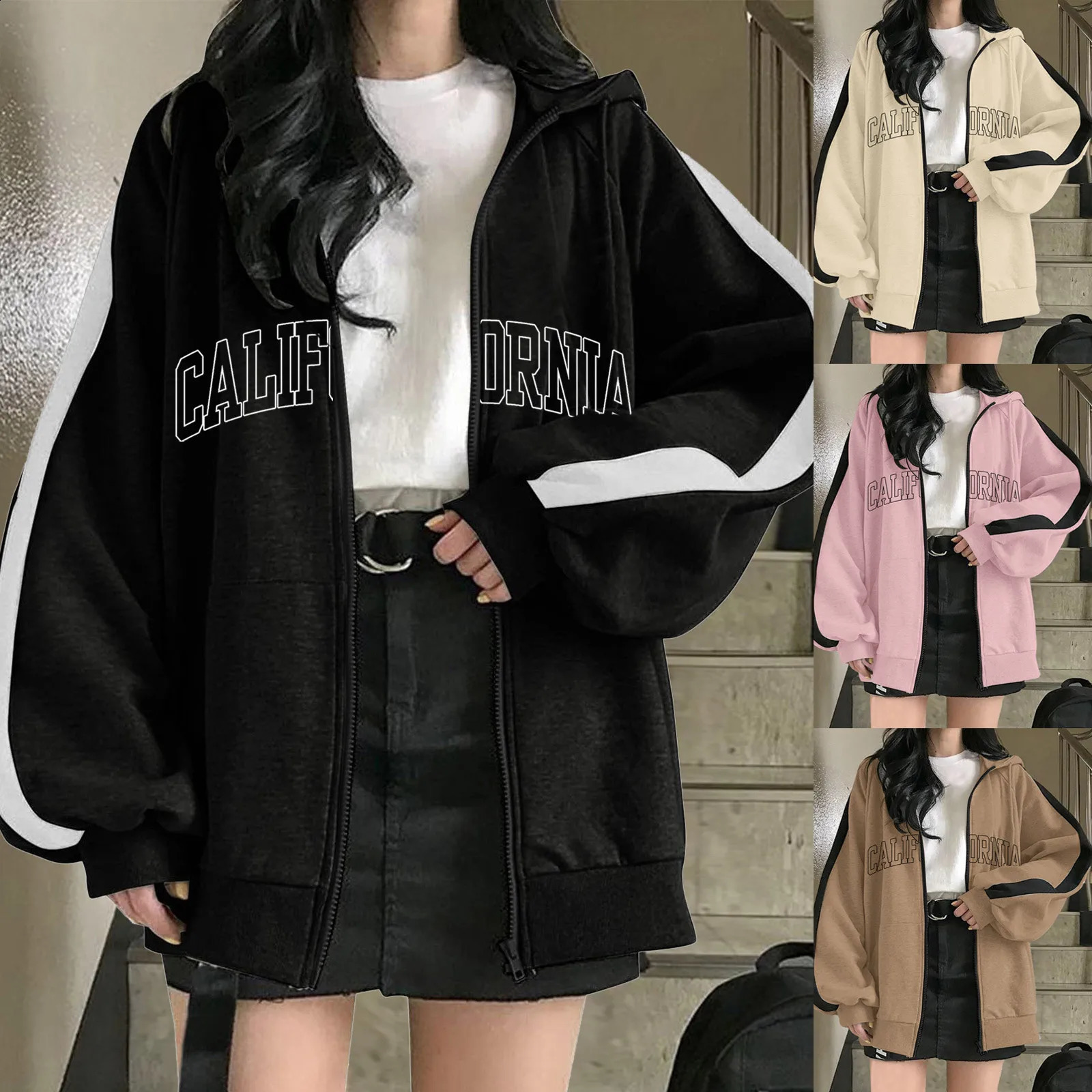 Women Hoodies Harajuku Hooded Oversized Hoodie Long Sleeve Sweatshirt Loose Letter California Print Zip-Up Tops Jacket Coats L2 240812