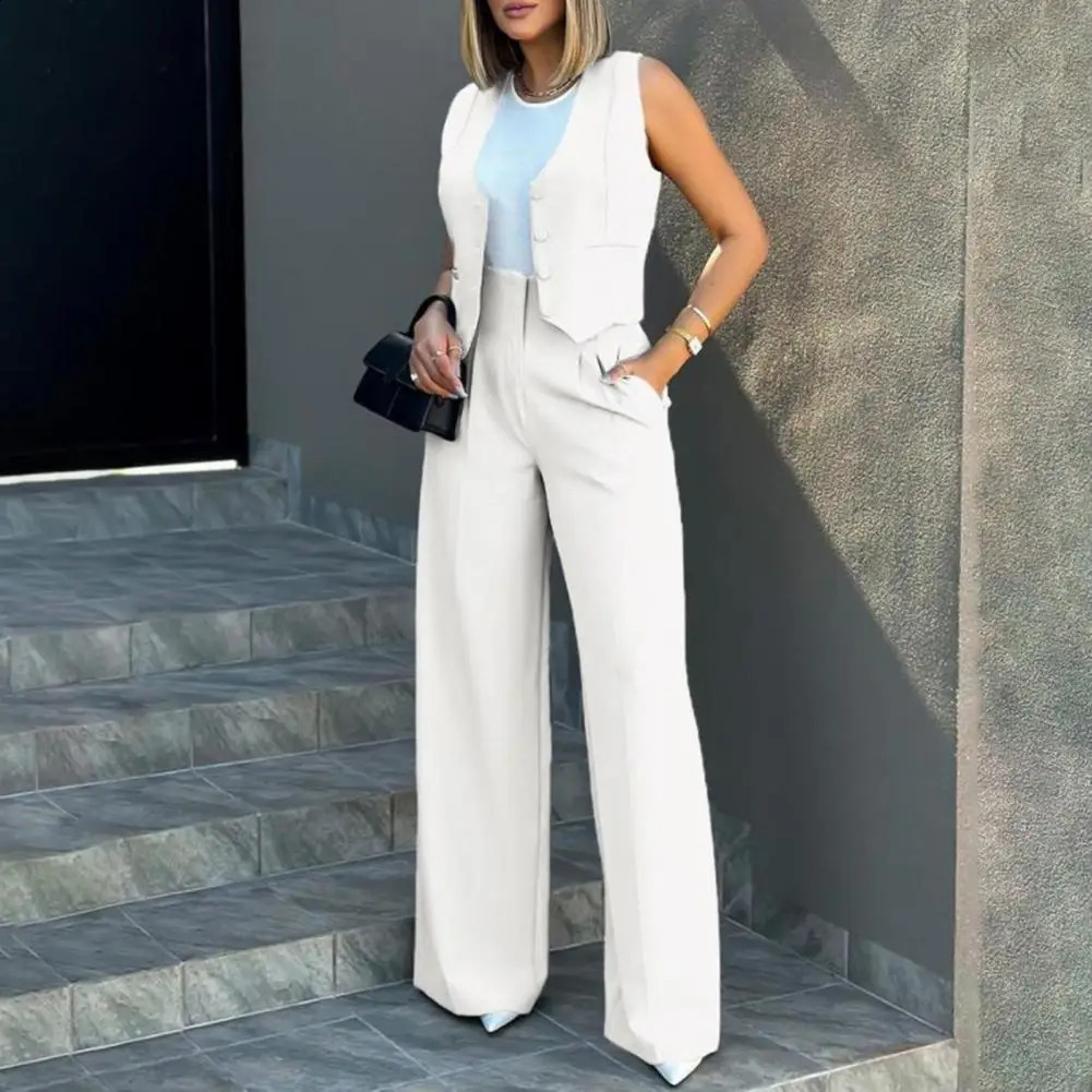 Two-piece Suit Elegant Lady Baggy Pants Set with Sleeveless Vest Solid Color High Waist Womens Wide Leg Pants Casual for A 240813