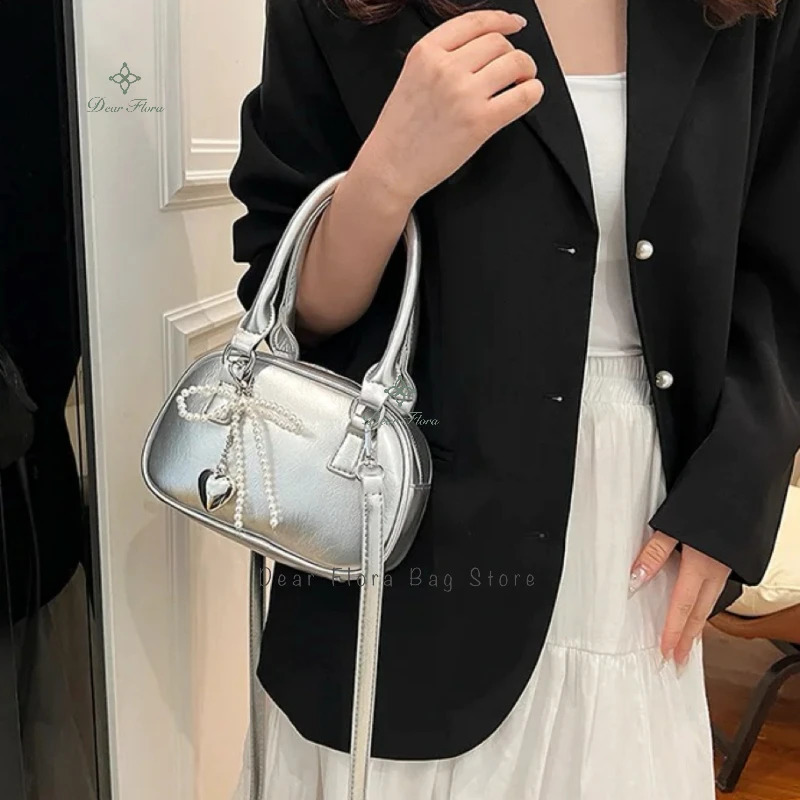 Cute and fashionable womens mini shoulder bag PU leather bow cross body elegant silver party handbag sweet little wallet 240813