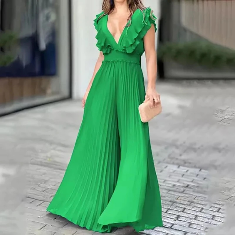 Wefads Jumpsuit Summer Elegant Women Solid Color Sleeveless V Neck Ruffled Backless Nipped Waist Wide Legs Loose Pleated Rompers 240813