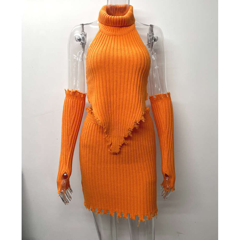 2024 Fashion Casual Set, Neck Hanging, Spicy Girl Knitted Top, Hip Wrapping, Short Skirt, Women's Two Piece Set