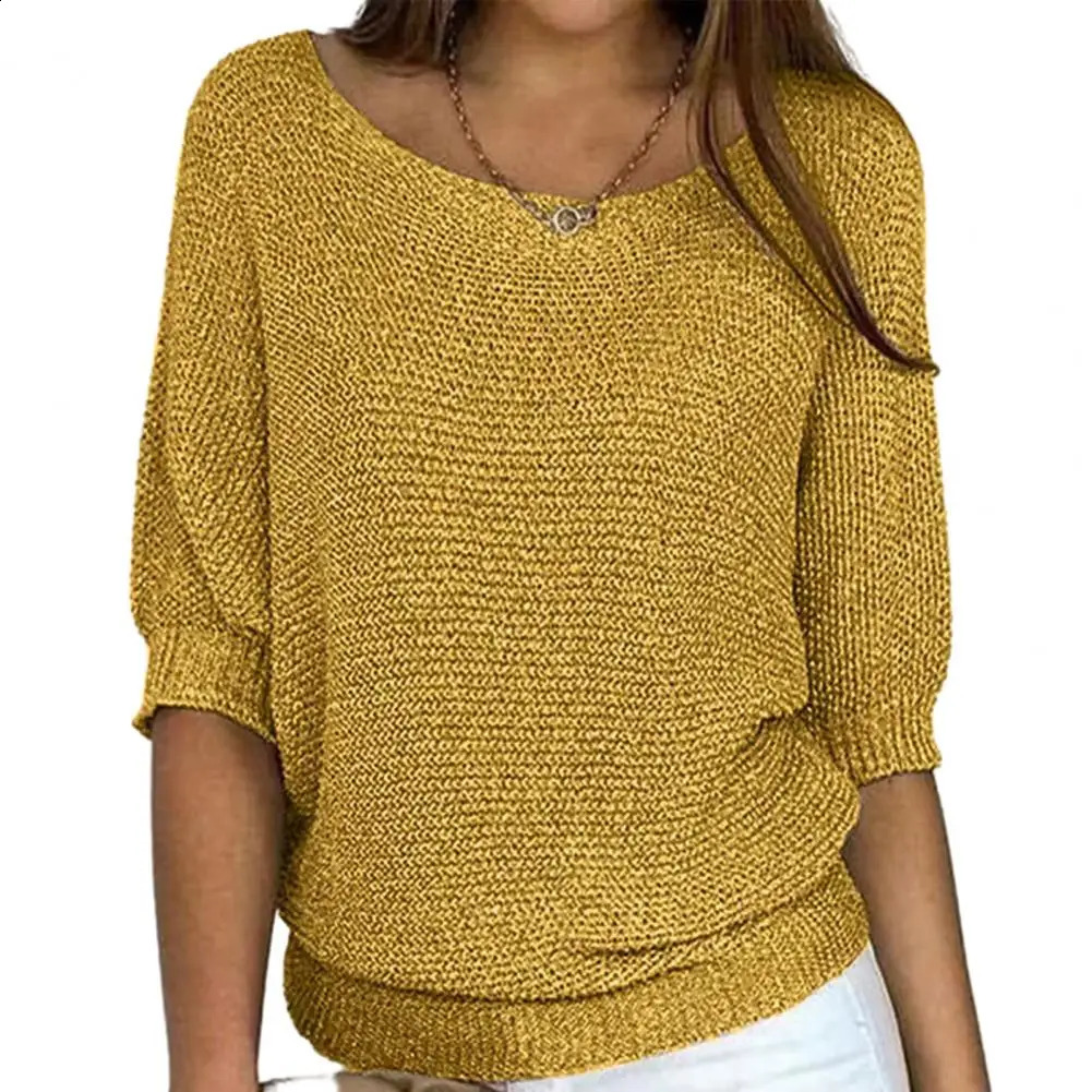 Women Autumn Winter Solid Color Knitting Sweater O-Neck 34 Sleeve Loose Fit Pullover Tops Knitwear Woman Clothing 240813