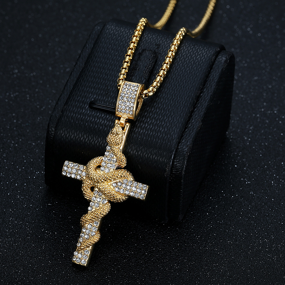 Retro Fine Snake Dish Cross Pendant Necklace 316L Stainless Steel Gold Plated Fashion Jewelry Non-fading Not Sensitive Men Jewelry