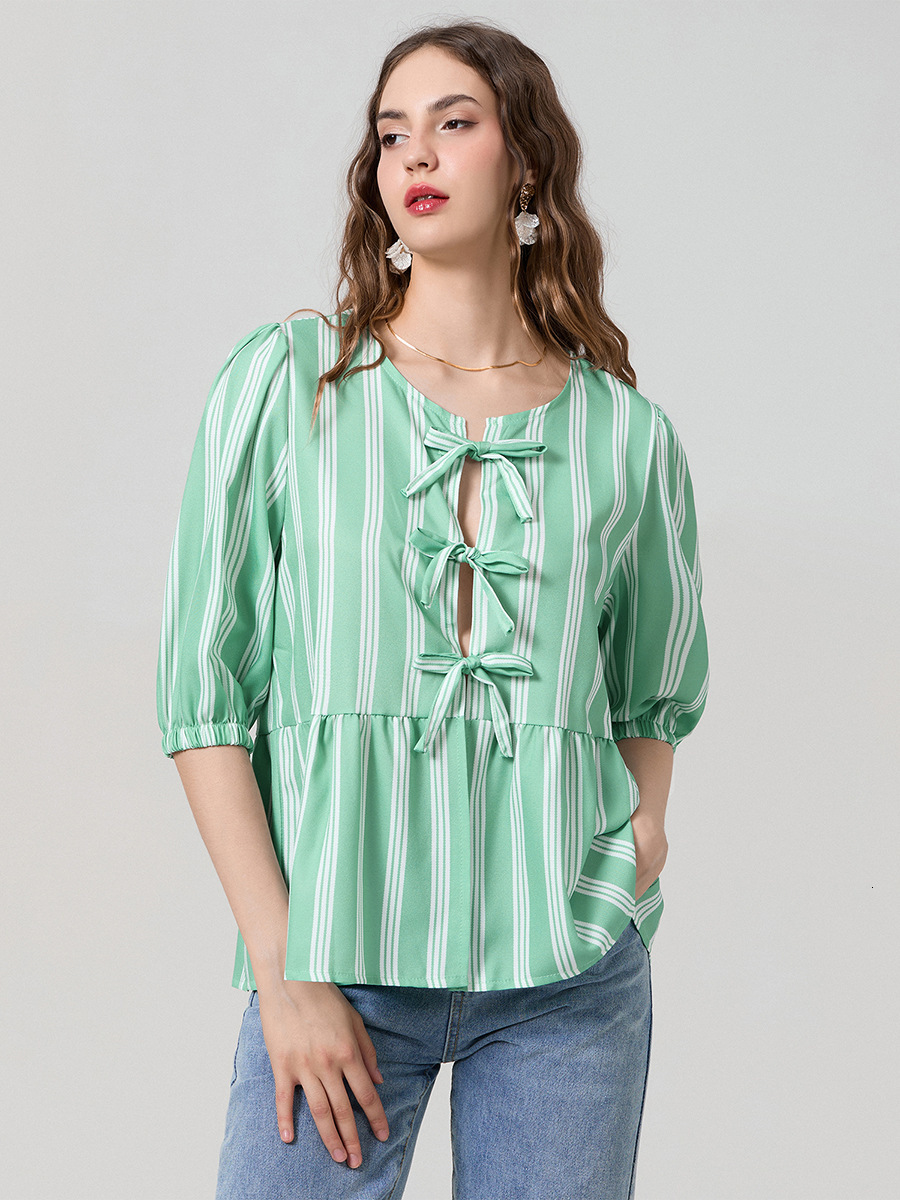 Women s Cute Tie Front Blouse 3 4 Sleeve Striped Peplum Tops