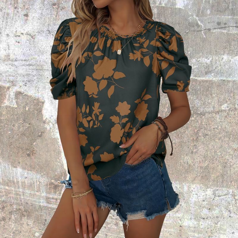 Summer new printed round neck shirt with elegant temperament, women s top