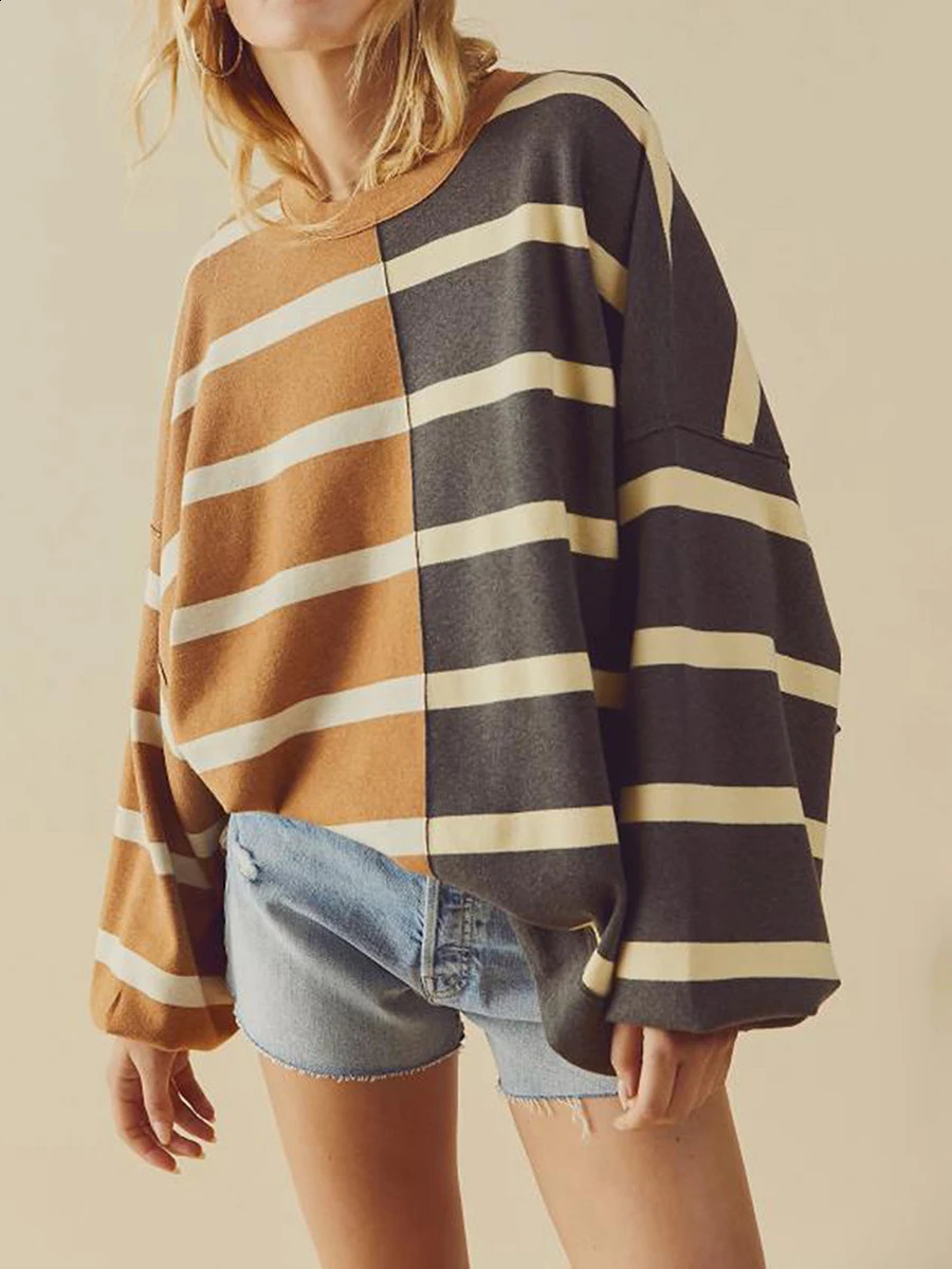 Womens autumn oversized zipper striped printed patch long sleeved round neck sweater top 240812