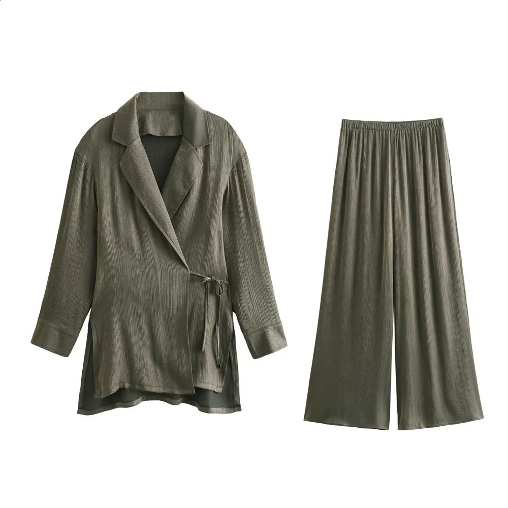 2024 Summer Product Womens Fashion temperament Double breasted suit jacket wrinkle effect Wide leg pants casual set 240813