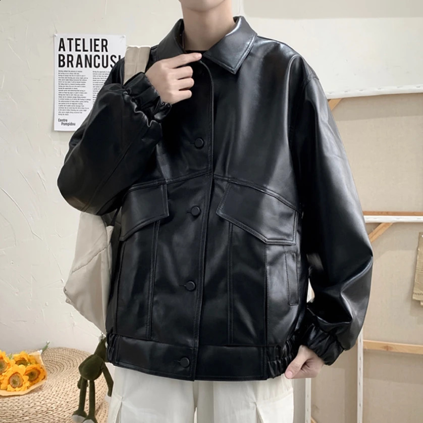 Jackets Men Pu Leather Retro Pockets Loose Korean Style Trendy Outwear Plus Size Cargo Tactical Daily Handsome All-match Clothes 240812