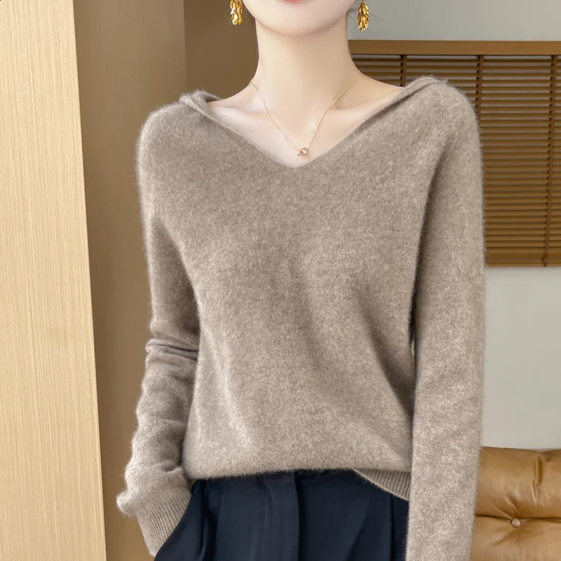 100% Merino Wool Knitted Hoodie Spring Autumn Womens Clothing First-line Hooded Collar Knitted Pullover Shirt Fashion Tops 240824