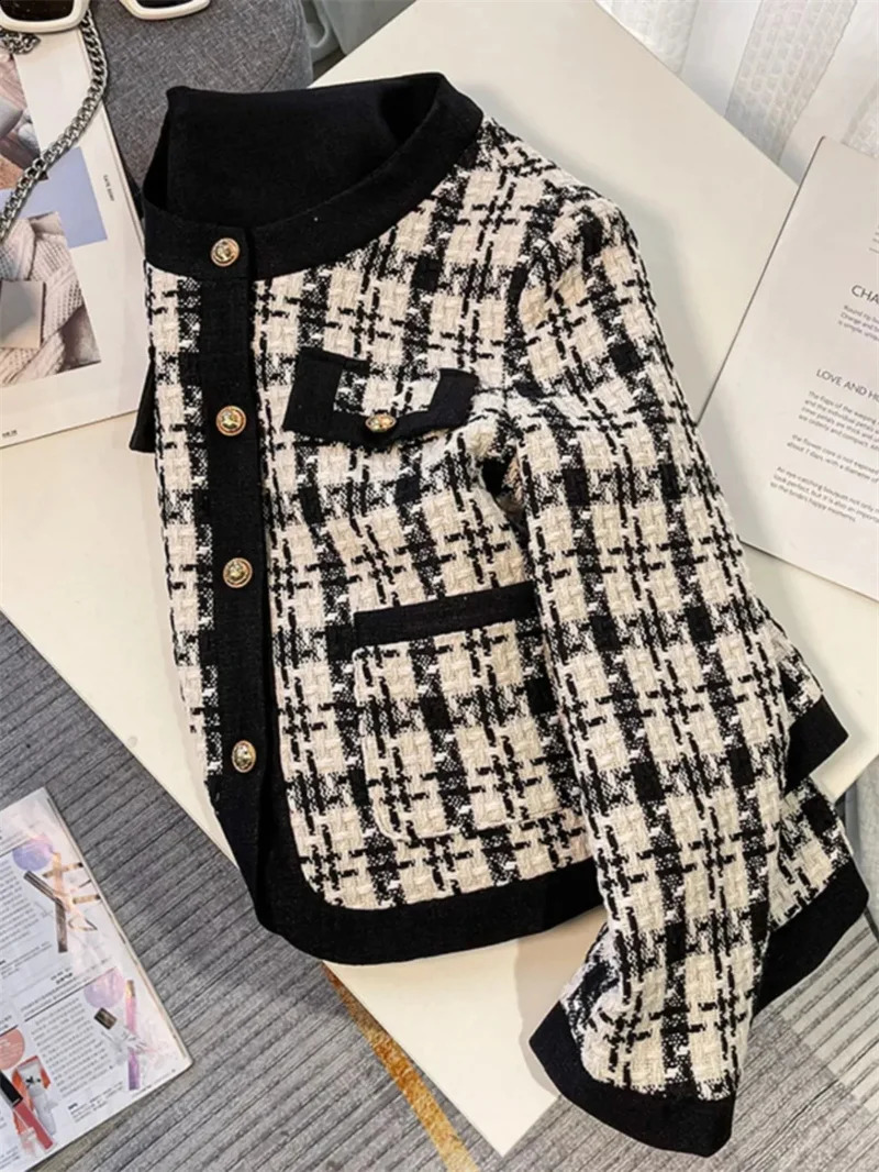 High Quality French Vintage Small Fragrance Tweed Jacket Coat Womens Spring Autumn Casual Fried Street Short Coat Plaid Outwear 240812