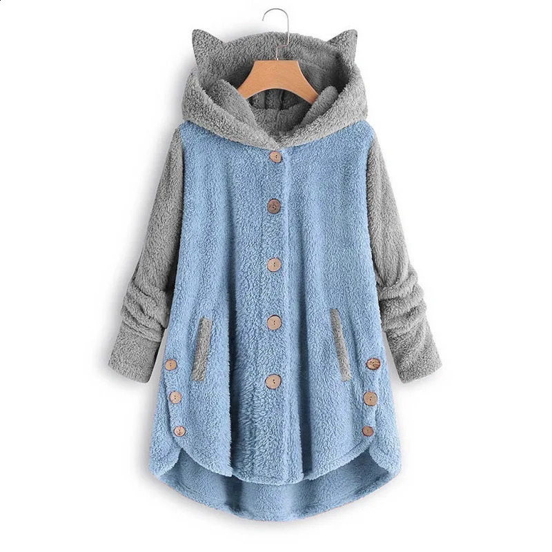 Cat Print Long Hoodies Sweatshirt Women Fleece Warm Button Pocket Pullovers Cat Ear Plus Size Hoodie Top Blouse Sweat Femme 240813