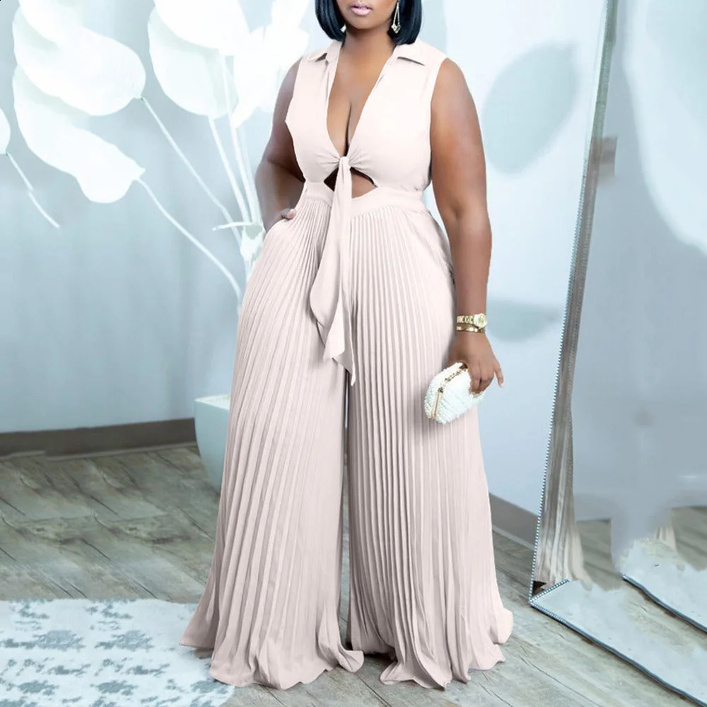 Elegant Jumpsuits Rompers Pleated for Women Pleated Turn Down Collar V Necl Sleeveless Floor Length Female Birthday Overalls 240813