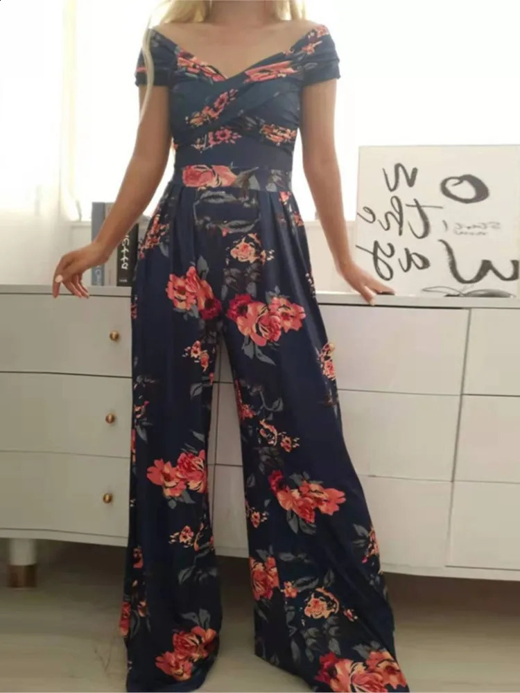 Summer Printed One Shoulder Jumpsuits Women High Waist Short Sleeves Wide Leg Long Pants Slim Jumpsuit Ladies Commuting 240813