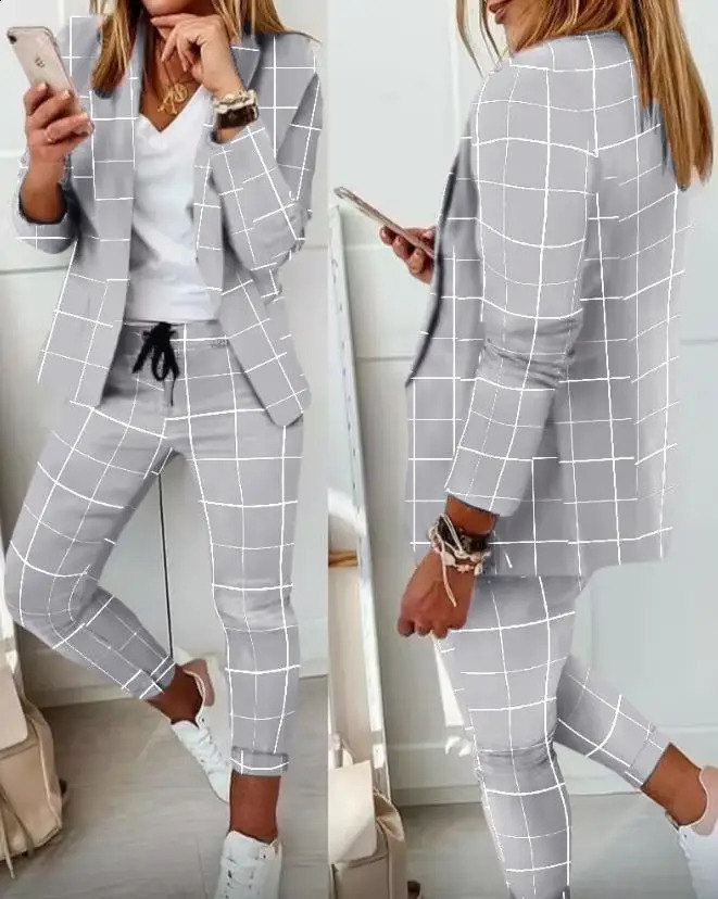 Office Two Piece Set for Women Shawl Collar Long Sleeve Daily Work Medium Stretch Plaid Print Blazer Drawstring Ol Pants Set 240813
