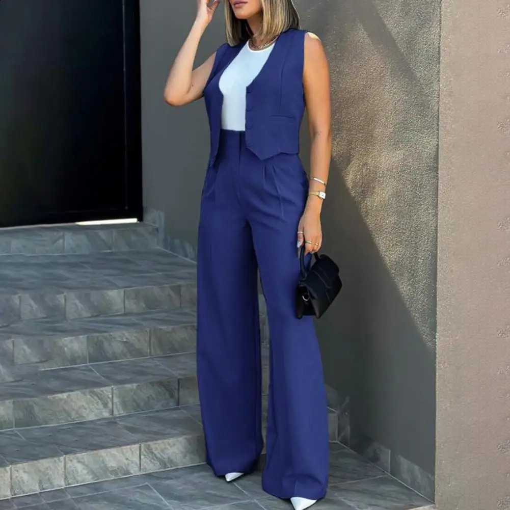 Two-piece Suit Elegant Lady Baggy Pants Set with Sleeveless Vest Solid Color High Waist Womens Wide Leg Pants Casual for A 240813