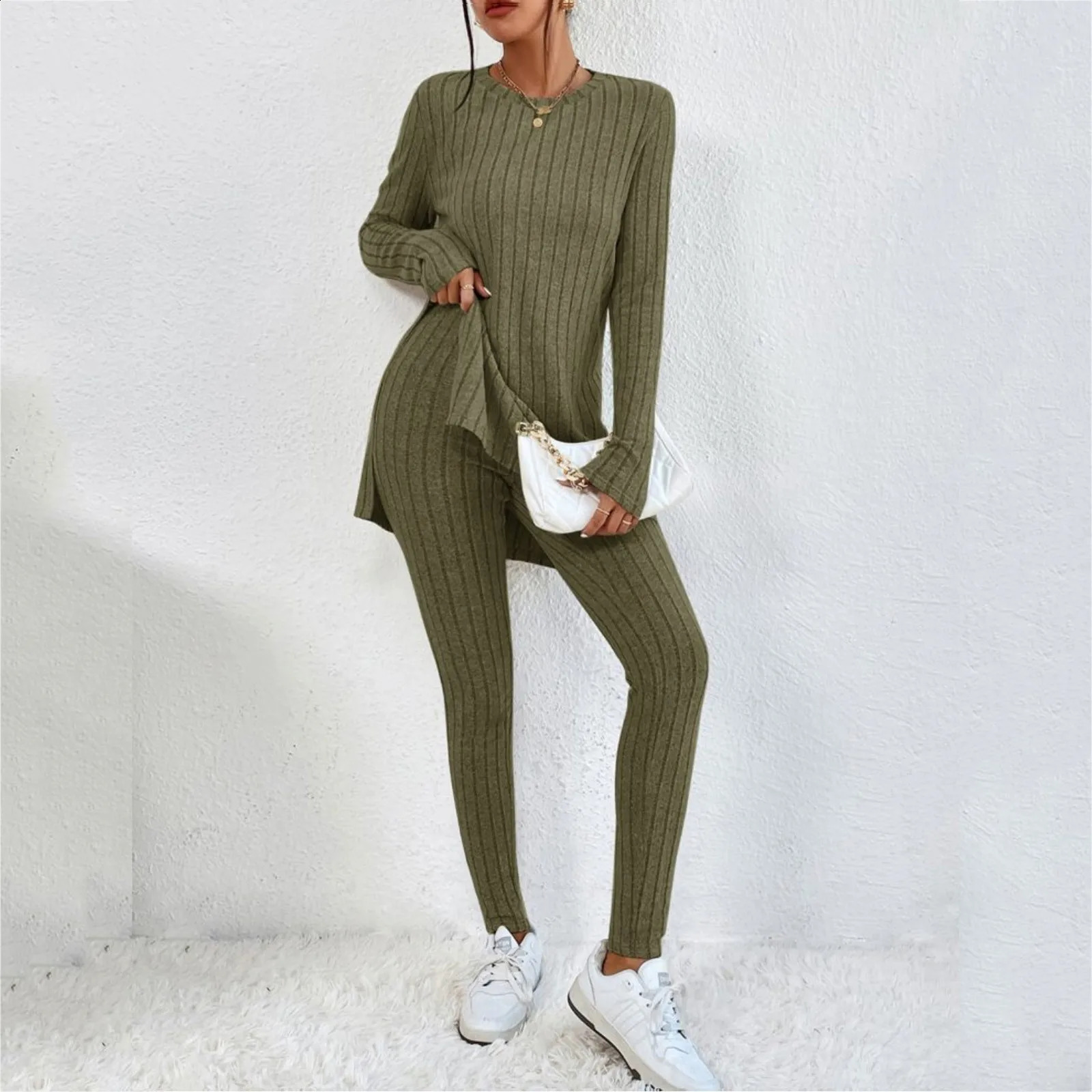 Casual Two Piece Set Women Outfits 2024 AutumnWinter Fashion Solid Knitted Long Sleeve Sweater Loose Pants Suit Elegant 240813