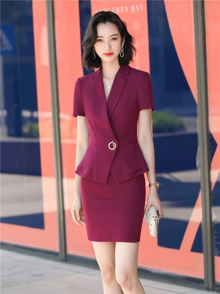 Summer twopiece womens short sleeved jacket and mini skirt elegant fashionable 2piece set 240812