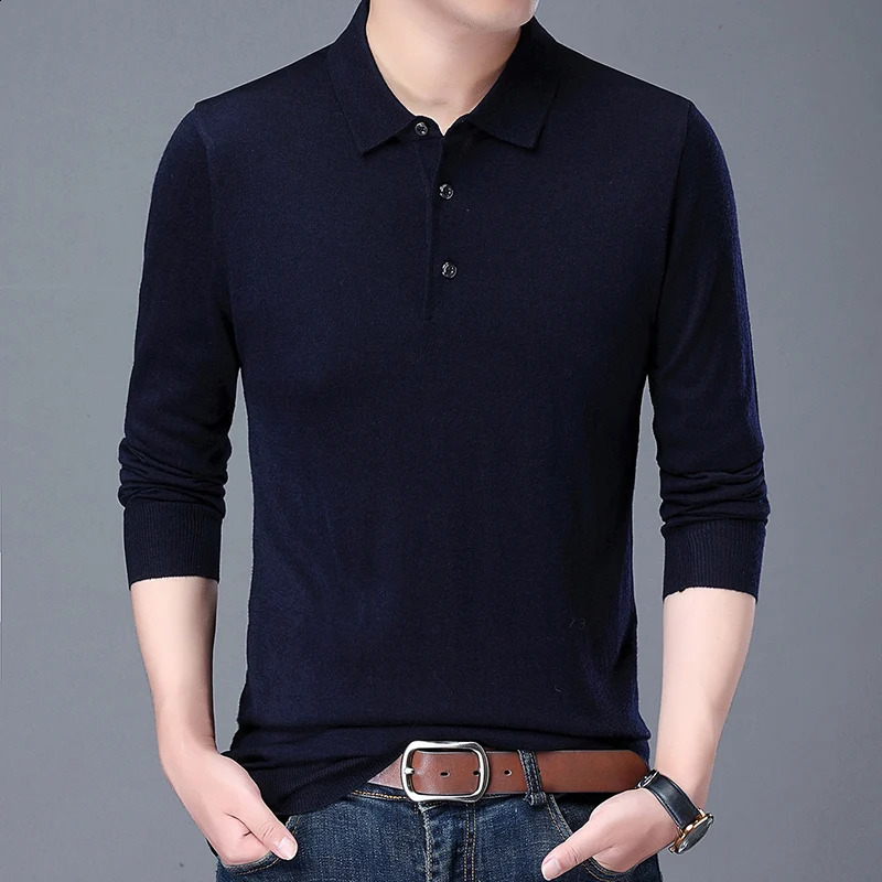 Classic High Quality Mens Autumn Long Sleeve Wool Blended Solid Color Lapel Polo Pullover Sweater Casual Basement Shirt 240809