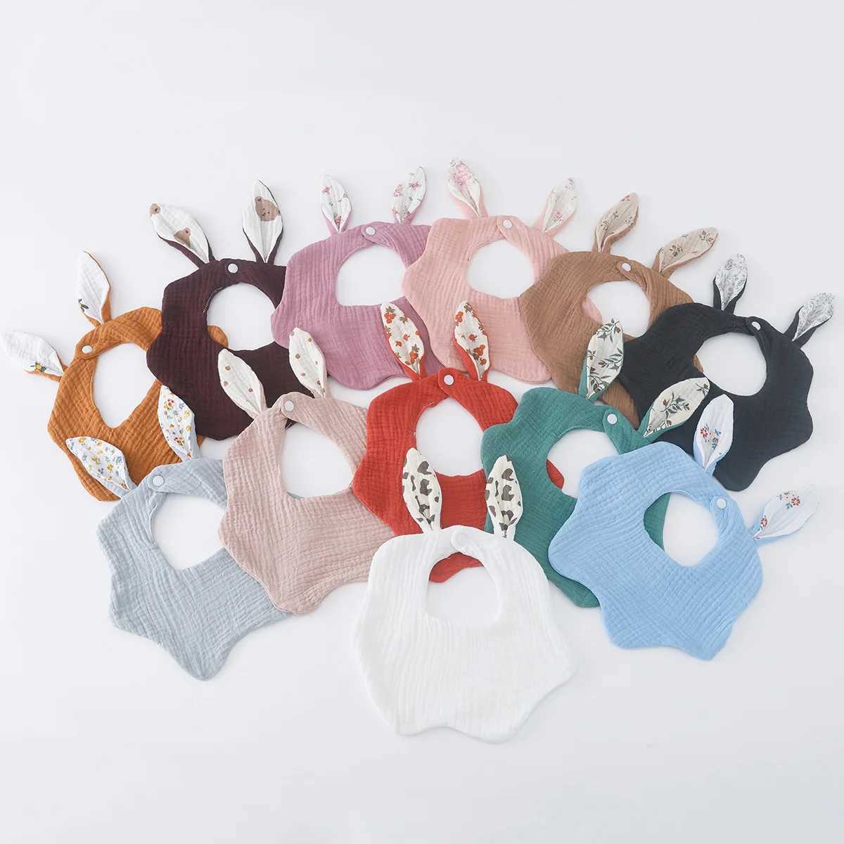 Bibs Burp Cloths New Rabbit Ears Wave Edge Cotton Gauze Baby Bibs Solid Infant Bib Newborn Soft Burp Cloths for Boy Girl Feeding Saliva TowelL4812