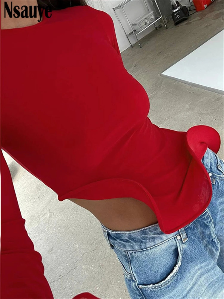 Nsauye womens long sleeved casual sexy streetwear Y2K club fashion Tshirt top ultrathin mini red irregular pleated crop Tees 240812