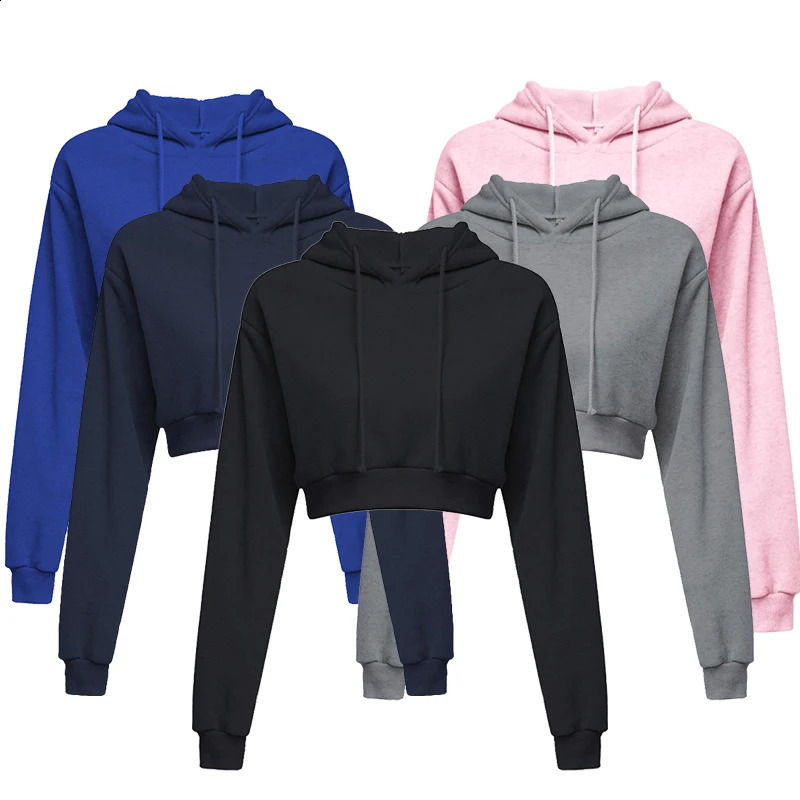 Sporty pullover Long sleeve casual open navel solid hooded Sweatshirt short top Hoodie sweater 240813